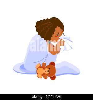 Petite fille afro-américaine a la grippe, l'enfant éternue dans un mouchoir. Enfant malade fille assise dans le lit avec l'ours jouet et soufflant son nez, se sentir ainsi Illustration de Vecteur