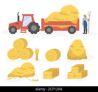 Tracteur avec illustration de dessin animé de foin. Ensemble vectoriel d'icônes de foin isolées sur fond blanc. Paille, haystack et hayloft Illustration de Vecteur