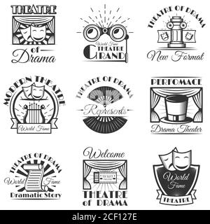 Ensemble vectoriel d'étiquettes, de logos et d'emblèmes isolés de théâtre classique. Symboles et éléments de design en noir et blanc. Illustration de Vecteur