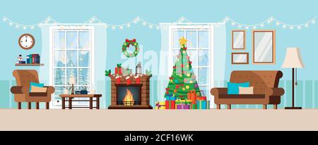 Décoration de noël chaleureuse salle de séjour scène intérieure. Illustration de Vecteur
