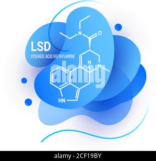 Acide lysergique diéthylamide LSD, formule chimique structurale avec formes liquides bleues sur fond blanc Illustration de Vecteur