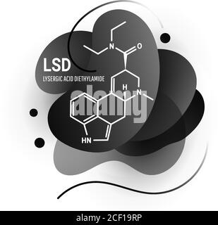 Acide lysergique diéthylamide LSD, également connu couramment sous le nom d'acide, formule chimique structurale avec formes liquides noires sur fond blanc Illustration de Vecteur