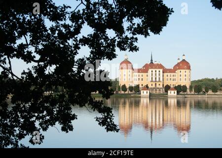 Moritzburg, Allemagne. 03ème septembre 2020. Les feuilles d'un chêne se démarquent comme une silhouette devant le château de Moritzburg, l'ancien pavillon de chasse des Wettins. Credit: Sebastian Kahnert/dpa-Zentralbild/ZB/dpa/Alay Live News Banque D'Images