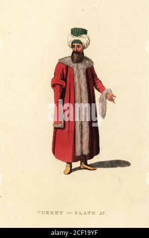 Homme turc à Constantinople portant un pelise ou un pelisse. Le manteau est garni de fourrure de lapin, d'agneau, d'écureuil ou de renard, et d'hermine, martin ou sable pour les hommes riches. Gravure sur plaque de coperplate de couleur main d'après Octavian Dalvimart de la traduction de William Alexander des représentations pittoresques de la robe et des manières des Turcs, Thomas m'Lean, Londres, 1814. Banque D'Images