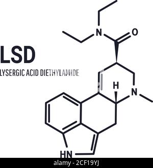 Acide lysergique diéthylamide LSD, également connu couramment sous le nom d'acide, formule chimique structurale sur fond blanc Illustration de Vecteur