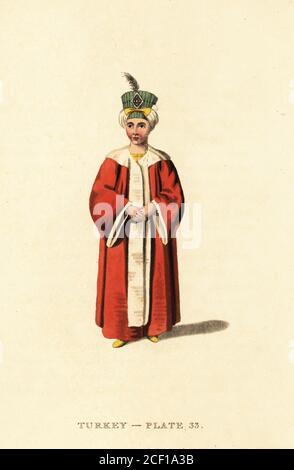 Jeune prince, héritier du trône du Sultan, Empire ottoman. Mustafa IV ou Mahmud II, fils du sultan Abdul Hamid I. en turban et pelisse portant une fourrure de renard blanc. Gravure sur plaque de coperplate de couleur main d'après Octavian Dalvimart de la traduction de William Alexander des représentations pittoresques de la robe et des manières des Turcs, Thomas m'Lean, Londres, 1814. Banque D'Images