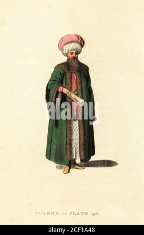 Reis Effendi, Reis ul-Kuttab, greffier principal, ministre des Affaires étrangères, secrétaire d'État à l'Empire ottoman. En turban géant, pelisse manteau garni de fourrure, bottes jaunes. Gravure sur plaque de coperplate de couleur main d'après Octavian Dalvimart de la traduction de William Alexander des représentations pittoresques de la robe et des manières des Turcs, Thomas m'Lean, Londres, 1814. Banque D'Images