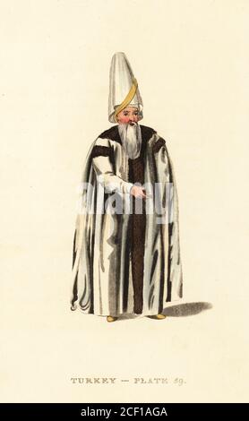 Du Grand Vizier au Sultan Selim III, Empire ottoman. Il porte un grand chapeau, un long manteau en noir et blanc. Gravure sur plaque de coperplate de couleur main d'après Octavian Dalvimart de la traduction de William Alexander des représentations pittoresques de la robe et des manières des Turcs, Thomas m'Lean, Londres, 1814. Banque D'Images