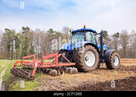 Un tracteur hollandais laque le sol avec une herse en ressort saison Banque D'Images