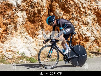 Col du serre de Tourre, France - juillet 15,2016 : le cycliste néerlandais Wout Poels de Team Sky à cheval pendant une étape d'essai individuelle dans les gorges de l'Ardèche Banque D'Images