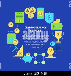 Affiche de concept ronde sur les services de crypto-monnaie, de style plat, avec place pour le texte. Bannière en devise virtuelle avec symboles pièces de rechange. Illustration vectorielle Illustration de Vecteur