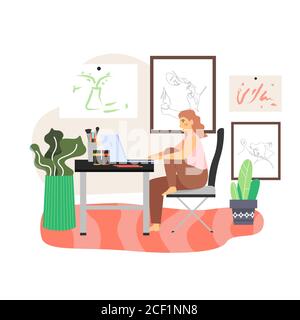 Happy girl, artiste indépendant travaillant sur un ordinateur à partir d'un bureau à domicile, illustration vectorielle plate Illustration de Vecteur