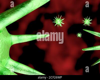 illustration 3d des cellules virales vertes sur fond rouge Banque D'Images