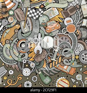 Dessin animé dessin animé griffonne cadre véhicule. Bordure avec symboles et éléments de voiture Illustration de Vecteur