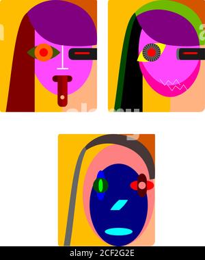 Trois Portraits illustration de vecteur d'art moderne. Composition de trois faces abstraites différentes. Illustration de Vecteur