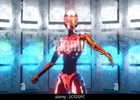 Illustration 3D d'une femelle Cyborg dans un vaisseau spatial. Banque D'Images