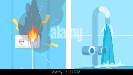 Jeu d'illustrations vectorielles couleur RVB semi-plates fil défectueux et eau du robinet cassée. Court-circuit électrique. Salle de bains au sol. Accident domestique isolé Illustration de Vecteur