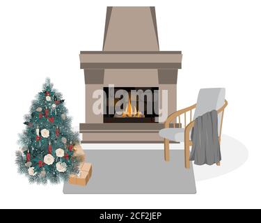 Intérieur scandinave mignon et confortable, illustration de l'hiver en forme de vecteur hygge. Foyer, arbre de Noël décoré, chaise et couverture. Dessin animé plat Illustration de Vecteur