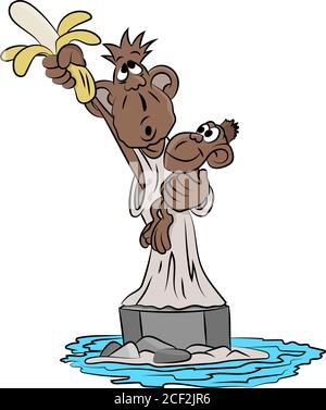 Singe de bande dessinée avec son bébé dans ses bras tenant un banane debout comme une statue de la liberté illustration vectorielle Illustration de Vecteur