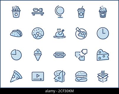 Ensemble d'icônes de la gamme Vector Line relatives aux aliments et boissons. Contient des icônes telles que pizza, frites, œuf, viande, sushi, poulet, hamburger, crème glacée, Donut, soupe Illustration de Vecteur