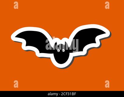 Adorable autocollant Halloween avec symboles du jour de la fête des carry. Drôle de dessin animé batte noire est sur fond orange. Contour blanc épais et ombre noire. Illustration de Vecteur