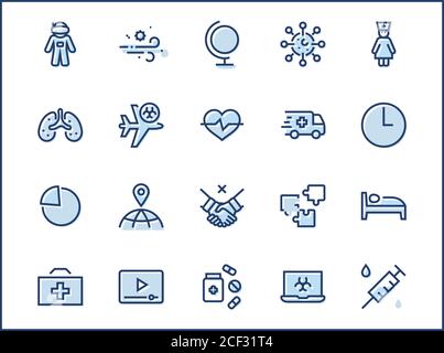 Ensemble d'icônes de la ligne vectorielle de protection contre les coronavirus. Contient des icônes telles que l'ambulance, le nouveau coronavirus, les mesures de protection, les symptômes, la période d'incubation Illustration de Vecteur
