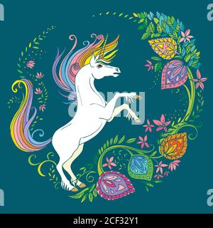 Vector belle licorne debout avec fleurs en cercle. Illustration décorative colorée isolée sur fond turquoise. Pour tee-shirt, Illustration de Vecteur