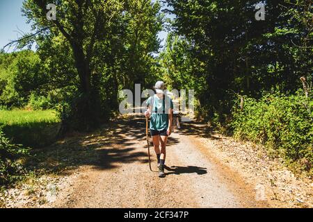 pèlerin sur une route avec un cap et une canne entouré d'arbres Banque D'Images