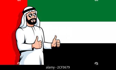 L'homme arabe fait un pouce sur le drapeau des émirats arabes unis Illustration de Vecteur