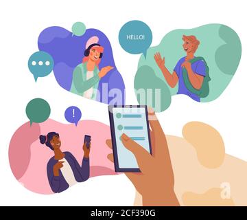 Bannière d'actualités et de messages partageant en ligne avec illustration vectorielle à écran plat pour smartphone. Illustration de Vecteur