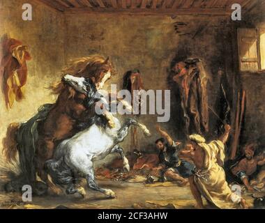 Delacroix Eugène - chevaux arabes lutte dans un stable - École française - 19e siècle Banque D'Images