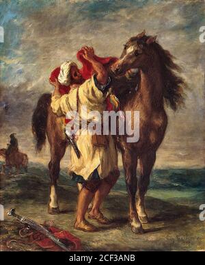 Delacroix Eugène - le sellerie arabe son cheval - Ecole française - 19e siècle Banque D'Images