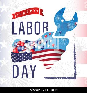 Bannière carrée Happy Labor Day USA Creative. Modèle de conception graphique abstrait isolé. Rouge, bleu, blanc. Décorations de calligraphie congruts Illustration de Vecteur