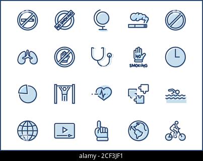 Icônes Vectorielles Internationales Sans Tabac. Contient des icônes telles Que Les Poumons, les cigares, Les Cigarettes, le tabagisme, le Globe, le renoncement au tabac et bien plus encore. Modifier Illustration de Vecteur