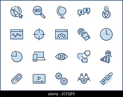 Ensemble d'icônes de ligne vectorielle liées à SEO. Contient des symboles tels que l'icône Web, l'œil, la localisation, le lien, le trafic, la translation, le suivi des performances, le point et Illustration de Vecteur