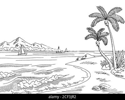 Sea Bay graphique noir blanc paysage dessin illustration vecteur Illustration de Vecteur