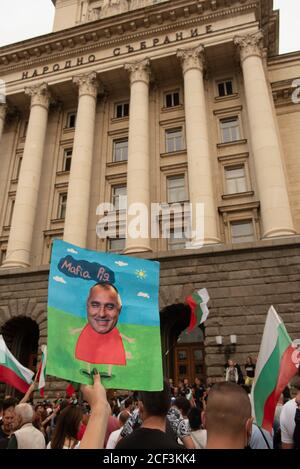 Sofia, Bulgarie. 02 septembre 2020. Écriteau avec le visage du Premier ministre, Boyko Borisov, tenu par un manifestant pendant la manifestation.pour la 56e journée consécutive, les Bulgares ont rassemblé à l'extérieur des bâtiments gouvernementaux accusant le Premier ministre, Boyko Borisov de corruption et de protection des puissants magnats. Des manifestants dans la capitale et dans les villes du pays appellent à la démission du premier ministre et de son gouvernement de centre-droit. Crédit : SOPA Images Limited/Alamy Live News Banque D'Images