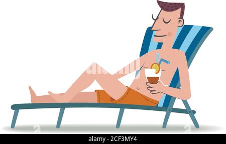 Illustration de style rétro d'un homme qui se bronzer sur une chaise longue tout en sirotant une boisson rafraîchissante. Illustration de Vecteur