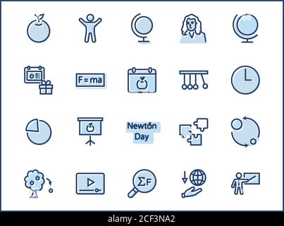 Icône Vecteur De Ligne De Série De Jours De Newton. Contient des icônes telles que Newton, Les Lois de physique et de gravité, Flying Apple, Calendrier, enseignant, tableau noir et projet Illustration de Vecteur