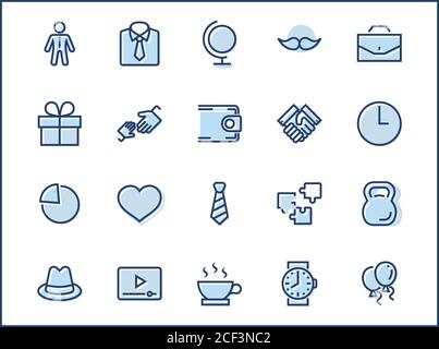 Icônes Vectorielles De L'Ensemble De Lignes De La Journée Du Père. Contient des icônes telles que la moustache, la cravate, la chemise, la poignée de main, le diplomate, le chapeau, le café, le sac à main, le cadeau, le portefeuille et plus encore. Ed Illustration de Vecteur