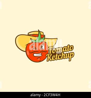 Modèle de symbole, de symbole ou de logo vectoriel de ketchup à la tomate. Drôle de sourire et de Wencing Espagnol Senior Man face dans un chapeau. Typographie rétro légumes Illustration de Vecteur
