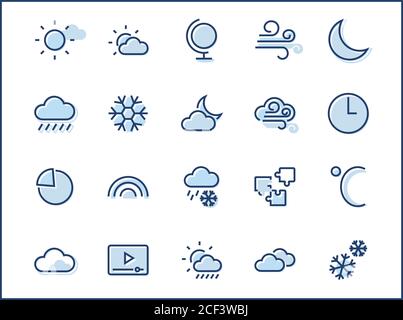 Ensemble d'icônes de ligne vectorielles météo. Contient des symboles du soleil, des nuages, des flocons de neige, du vent, de l'arc-en-ciel, de la lune et bien plus encore. Contour Modifiable. 32 x 32 pixels. Illustration de Vecteur