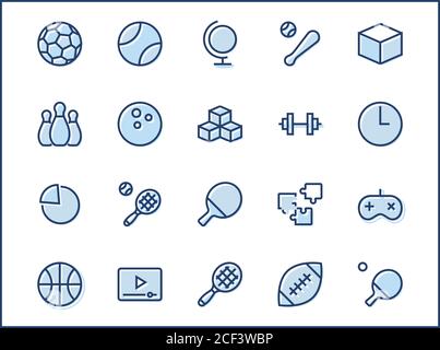 Ensemble de balles de sport, passe-temps, icônes de ligne vectorielle de divertissement. Il contient des symboles de football, de basket-ball, de bowling, de tennis et bien plus encore. St Modifiable Illustration de Vecteur