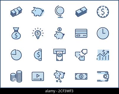 Ensemble D'Icônes De Ligne Vectorielle Liées À L'Argent. Contient des icônes telles que Money Bag, Piggy Bank sous la forme d'un Pig, Wallet, ATM, Bundle of Money, Main avec un C Illustration de Vecteur