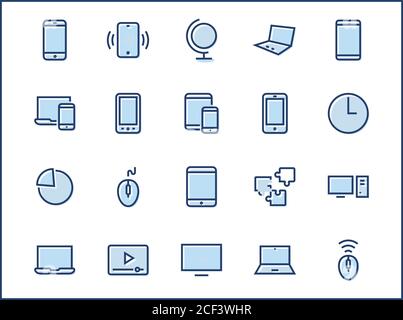 Ensemble d'appareils et de gadgets intelligents, d'équipements informatiques et d'électronique. Icônes de périphériques électroniques pour l'icône de ligne vectorielle Web et mobile. Contour Modifiable. 3 Illustration de Vecteur