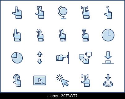 Cliquez sur ensemble de boutons icônes vectorielles associées. Contient des icônes telles que le curseur, la souris, la main, l'index, la flèche et plus encore. Contour modifiable. Performances 32 x 32 pixels Illustration de Vecteur