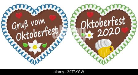 Coeur illustré de pain d'épice avec texte en allemand pour l'heure de l'Oktoberfest 2020 2021 Illustration de Vecteur