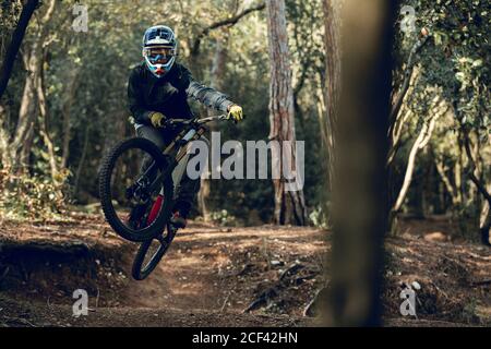 homme méconnaissable dans un casque, des gants et des lunettes de protection sautant faire un tour de fouet en descente pendant la pratique du vtt dans la forêt de bois Banque D'Images