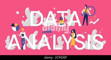 Illustration du vecteur de concept de mot d'analyse de données. Cartoon Flat petit analyste d'affaires ou des personnages de client travaillant avec un ordinateur portable et une tablette, analysant les informations de base de données, se tenant à côté de grosses lettres Illustration de Vecteur