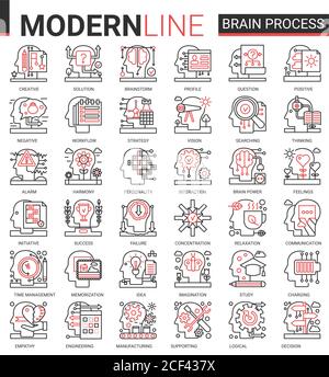 Concept de processus de cerveau complexe rouge mince icônes vecteur de ligne noire ensemble avec le traitement de l'esprit humain dans l'apprentissage, brainstorming de penser ou de recherche de succès idée, empathie et psychologie sociale, la créativité Illustration de Vecteur
